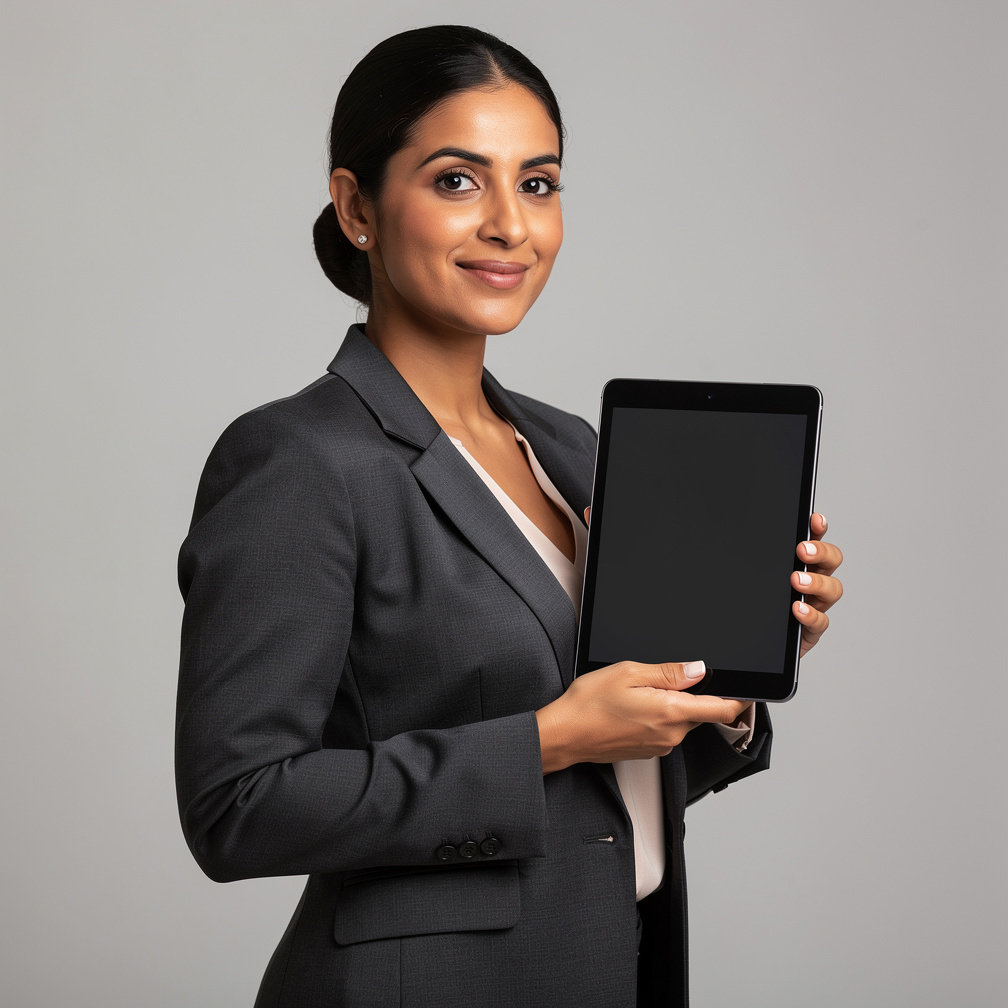 North African European businesswoman in a blazer holding a tablet