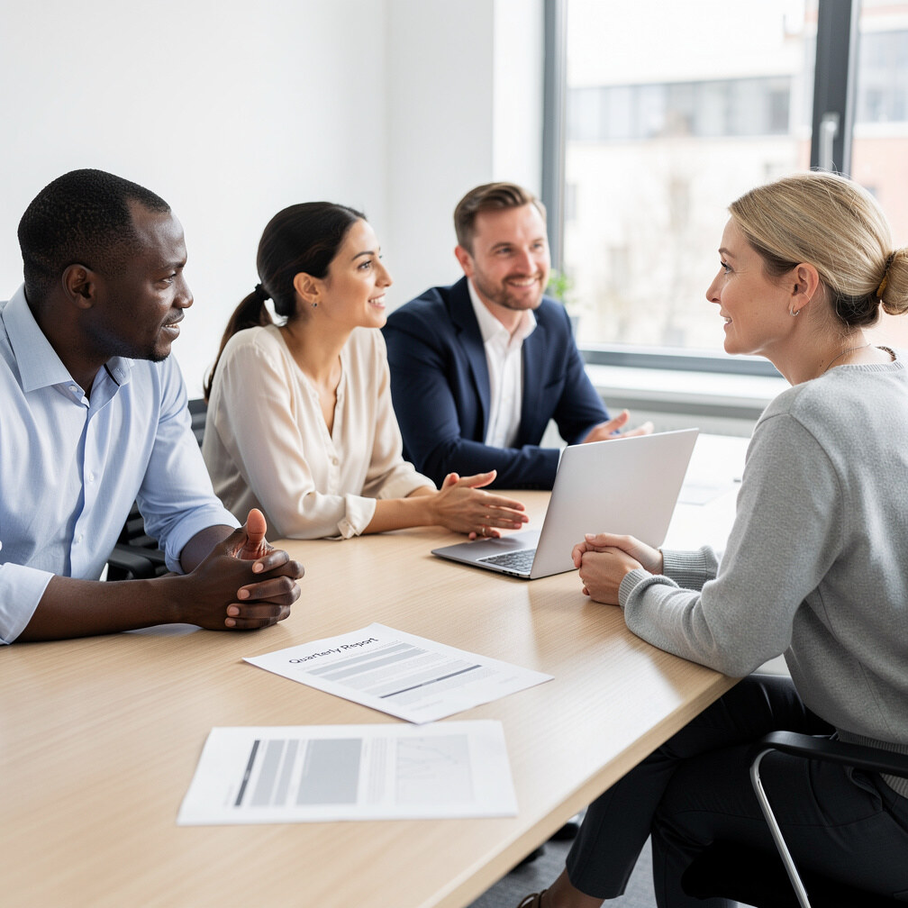Diverse group of professionals discussing documents around a table