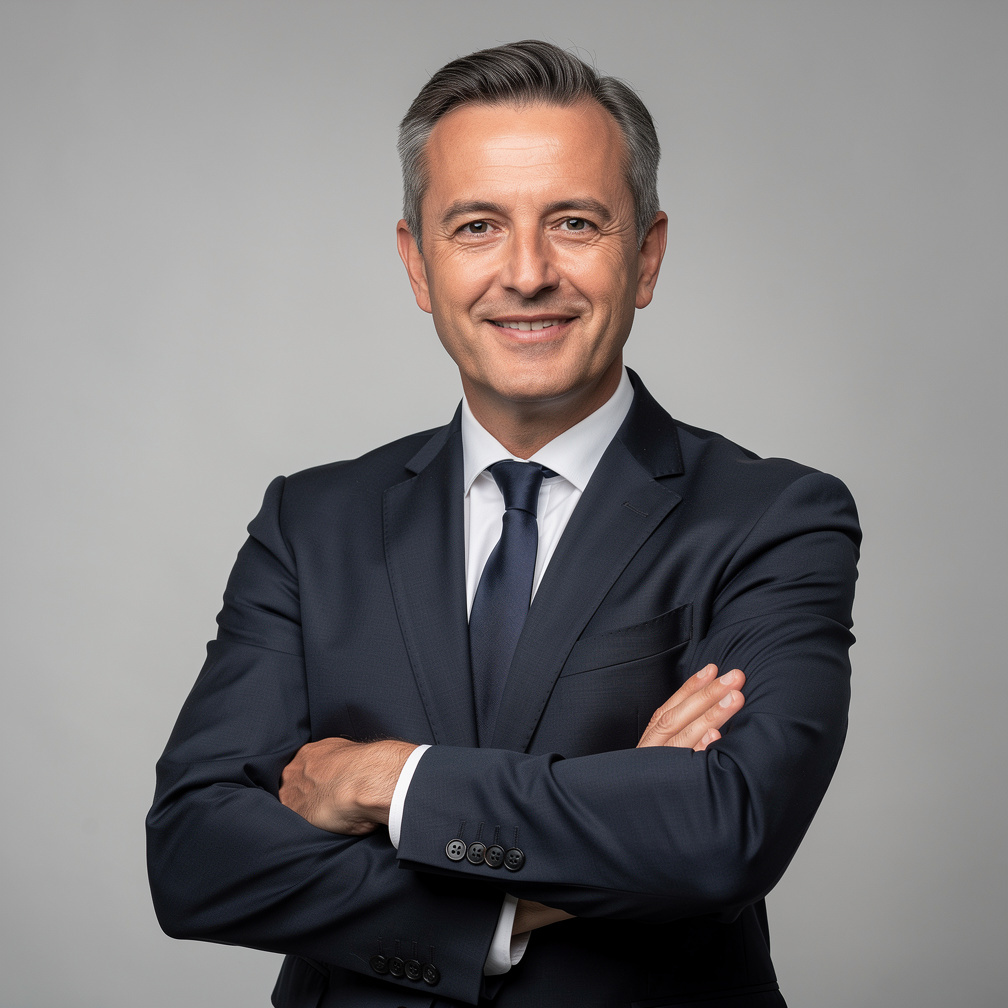 Belgian businessman in a suit looking confidently at the camera