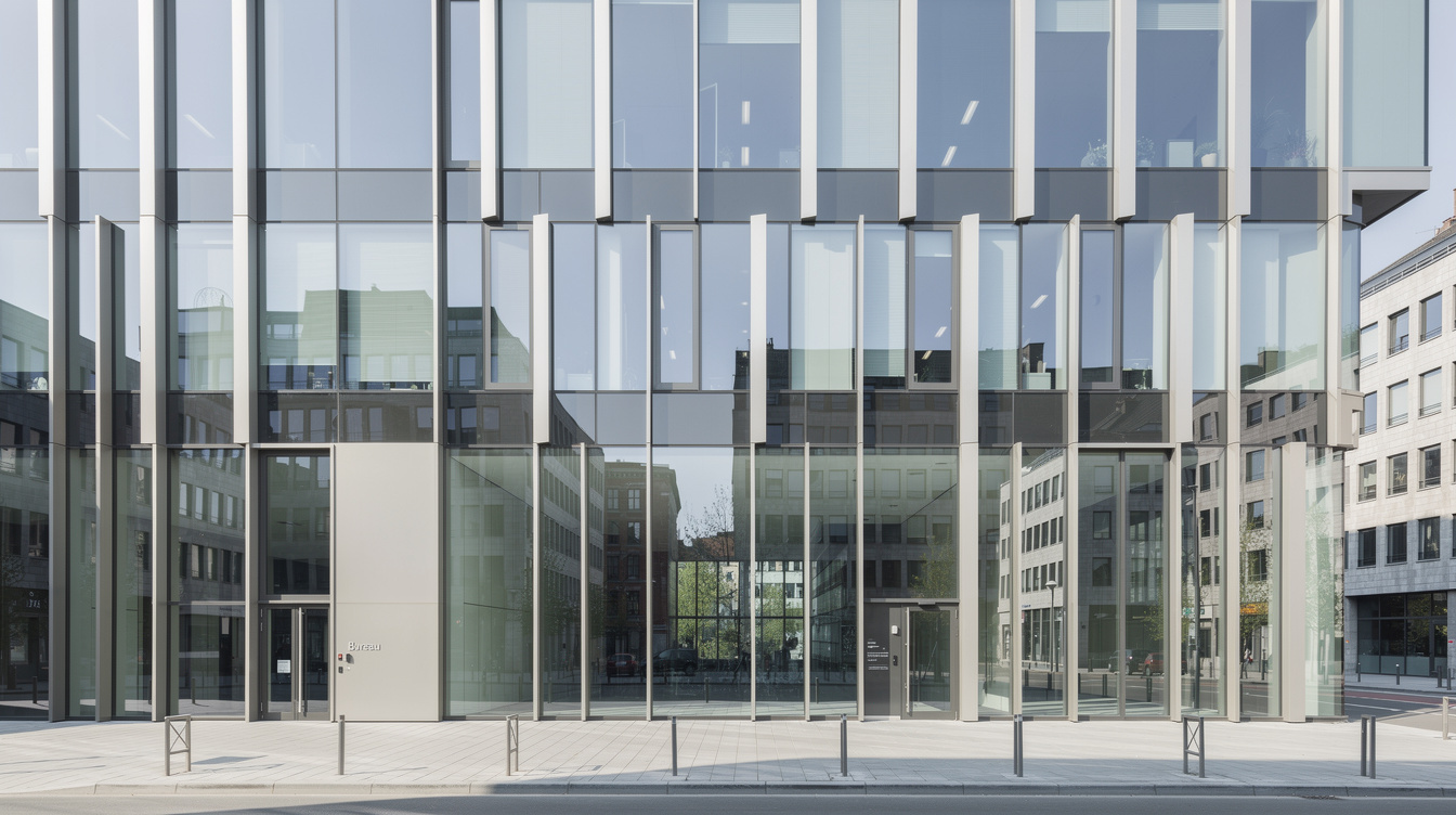 Modern glass office building facade in a Belgian business district